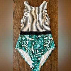 High neck Striped and Leaf Print Swimsuit